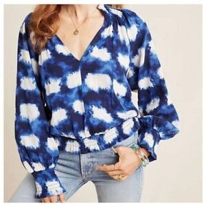 Anthropologie Porridge Top Blouse Womens Large Boho Tie Dye Blue Peasant Cotton